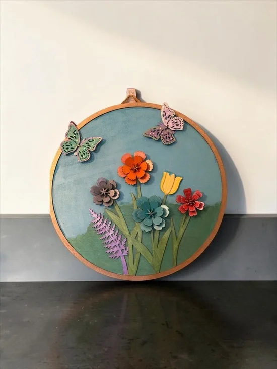 Handmade Floral Hoop Wall Art - Teal Background with Multicolor Flowers - Picture 1 of 1